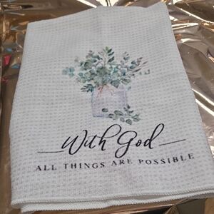 White and Green Floral Kitchen Towel with Inspirational Quote